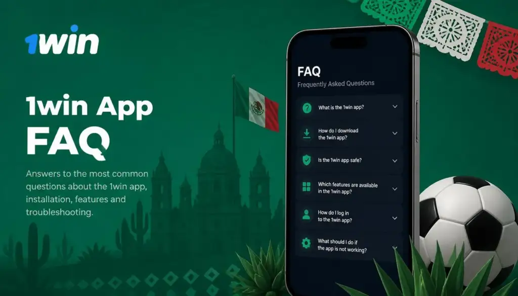 Ilustración de aplicación móvil de 1win para México: faq